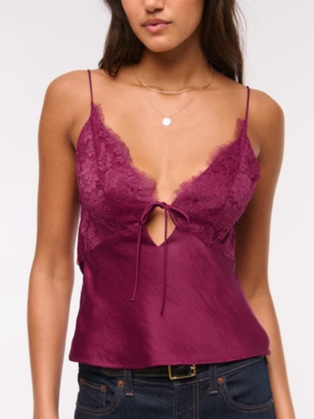Abercrombie & Fitch Lace-Front Satin Cami in Plum